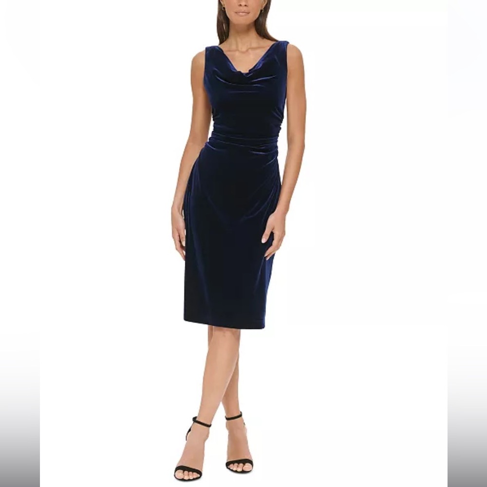 Kensie Sleeveless Cowl Neck Velvet Sheath Dress - Navy, 12